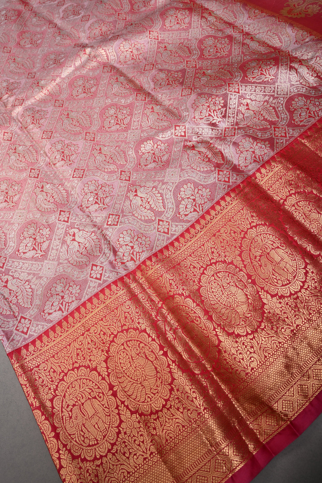 Red Kanjivaram Tissue Semi Silk Saree with Meenakari Floral Brocade and Zari Border | SHOBITAM