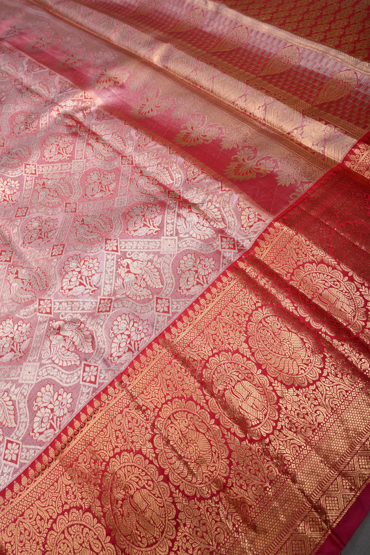 Red Kanjivaram Tissue Semi Silk Saree with Meenakari Floral Brocade and Zari Border | SHOBITAM