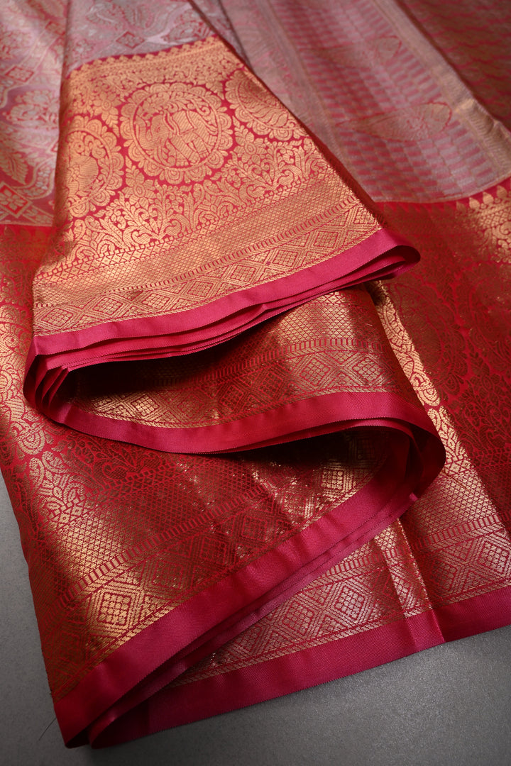 Red Kanjivaram Tissue Semi Silk Saree with Meenakari Floral Brocade and Zari Border | SHOBITAM