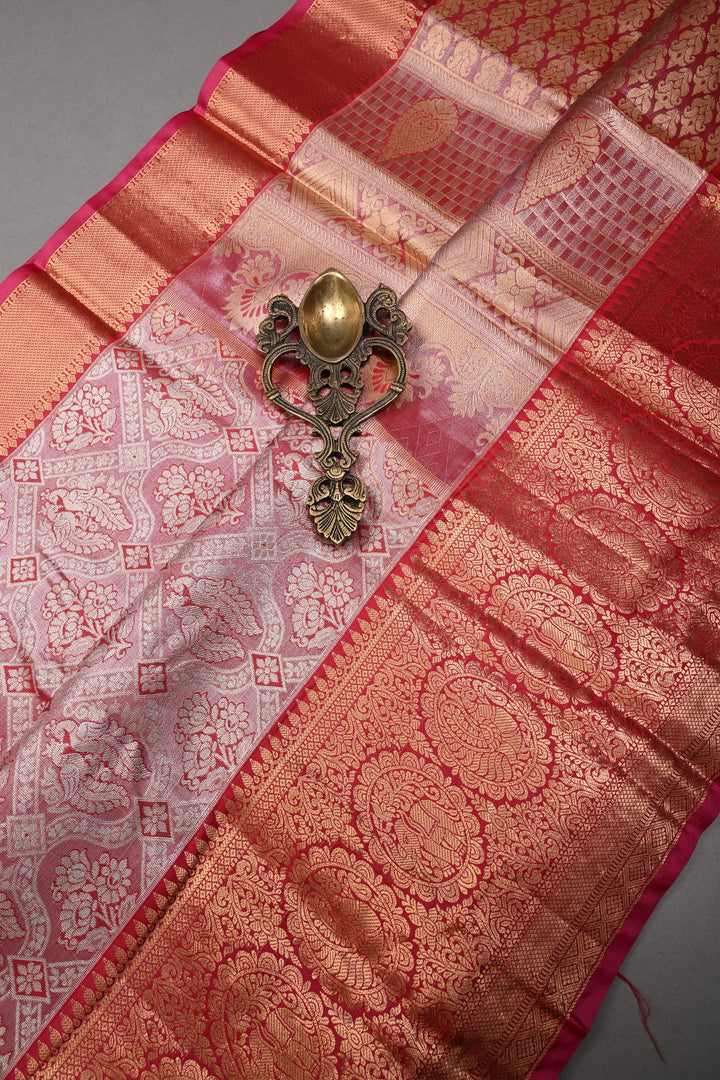 Red Kanjivaram Tissue Semi Silk Saree with Meenakari Floral Brocade and Zari Border | SHOBITAM
