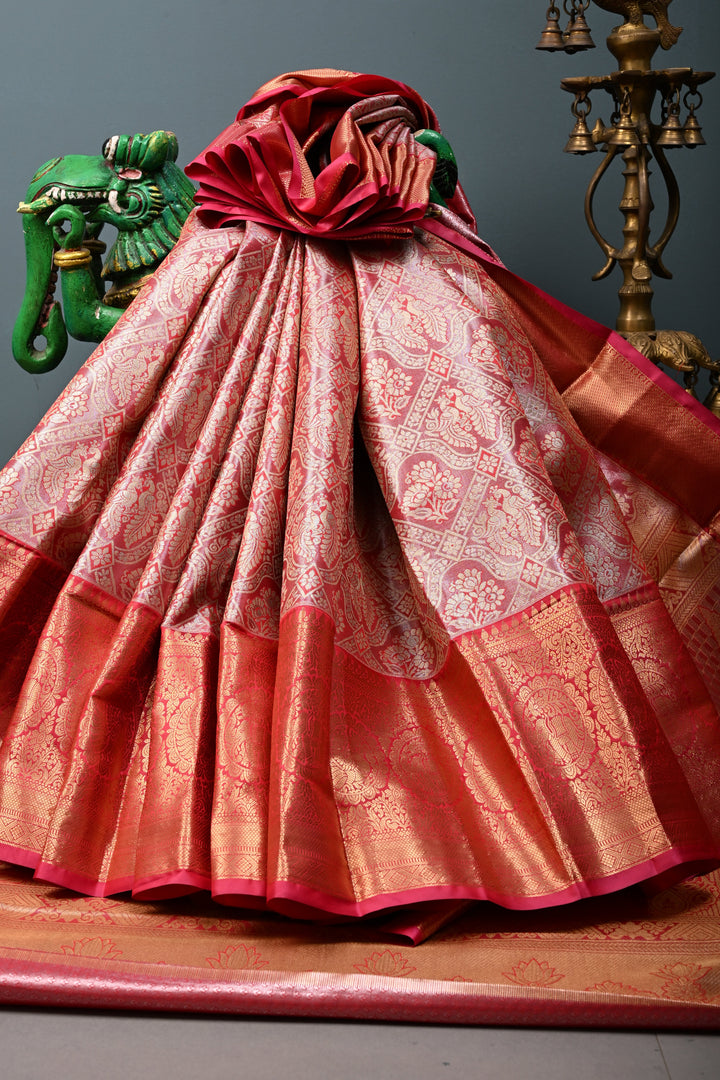 Red Kanjivaram Tissue Semi Silk Saree with Meenakari Floral Brocade and Zari Border | SHOBITAM