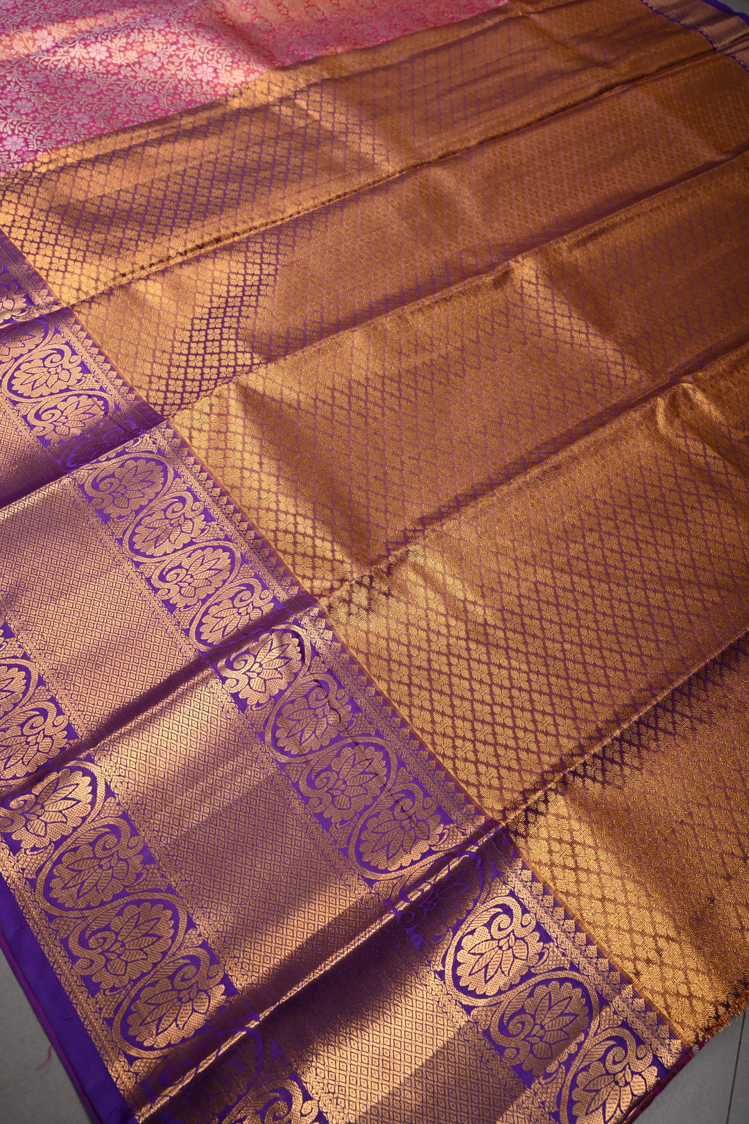 Pink Dual Tone Kanjivaram Tissue Semi Silk Saree with Meenakari Floral Jaal Brocade and Contrast Zari Border | SHOBITAM
