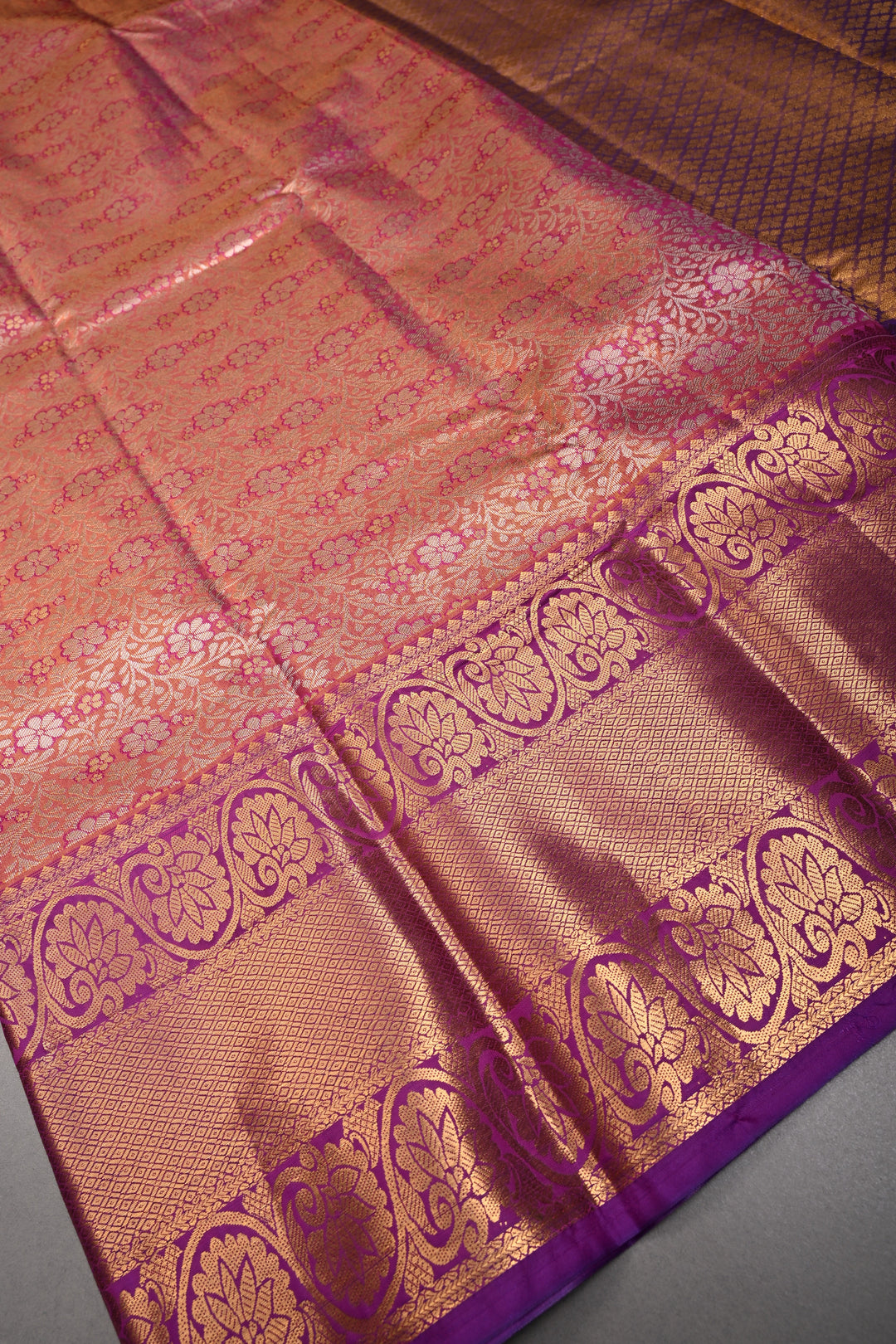 Pink Dual Tone Kanjivaram Tissue Semi Silk Saree with Meenakari Floral Jaal Brocade and Contrast Zari Border | SHOBITAM