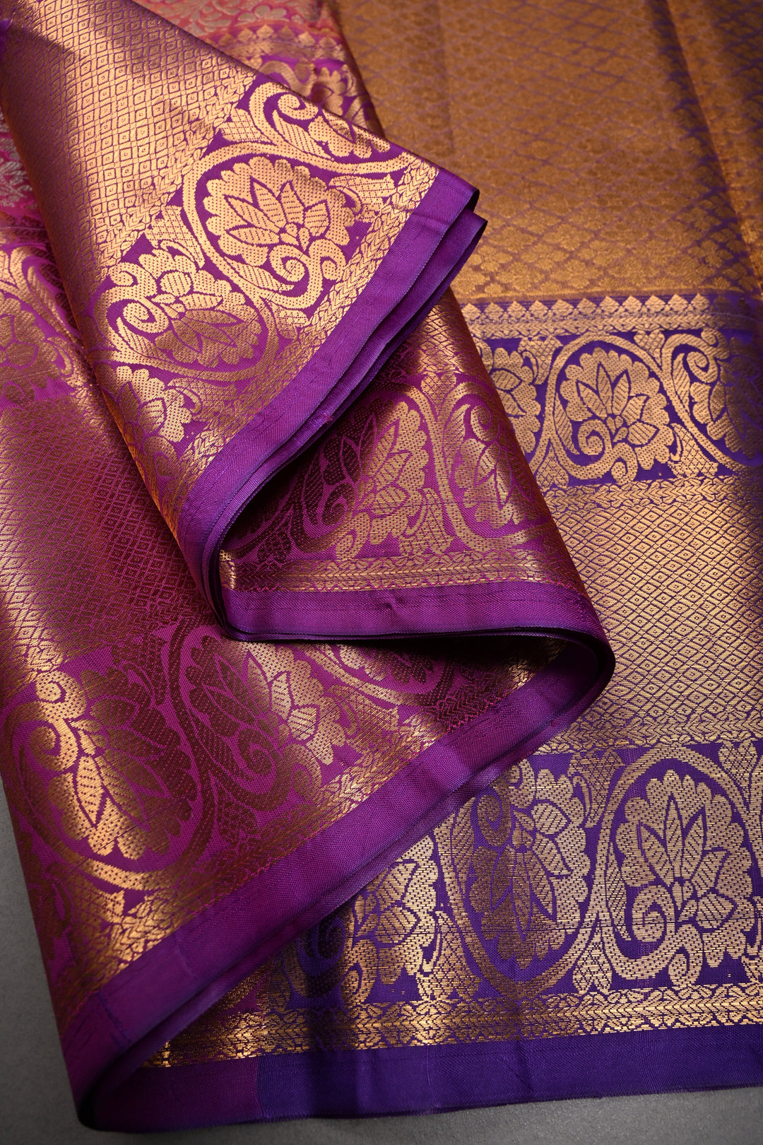 Pink Dual Tone Kanjivaram Tissue Semi Silk Saree with Meenakari Floral Jaal Brocade and Contrast Zari Border | SHOBITAM