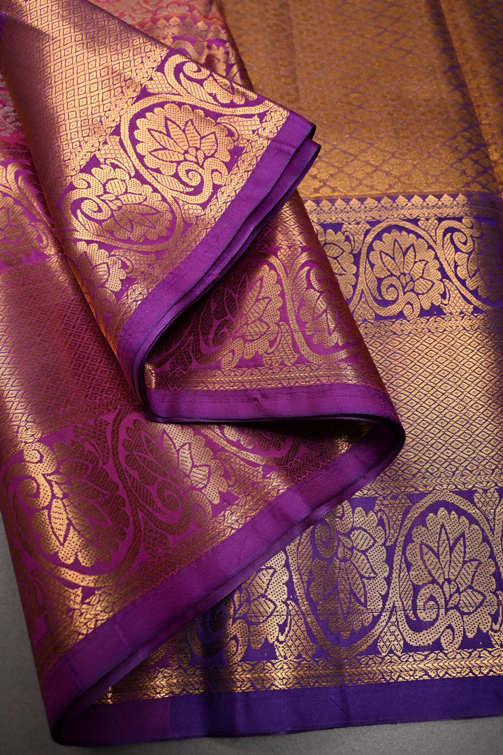 Pink Dual Tone Kanjivaram Tissue Semi Silk Saree with Meenakari Floral Jaal Brocade and Contrast Zari Border | SHOBITAM