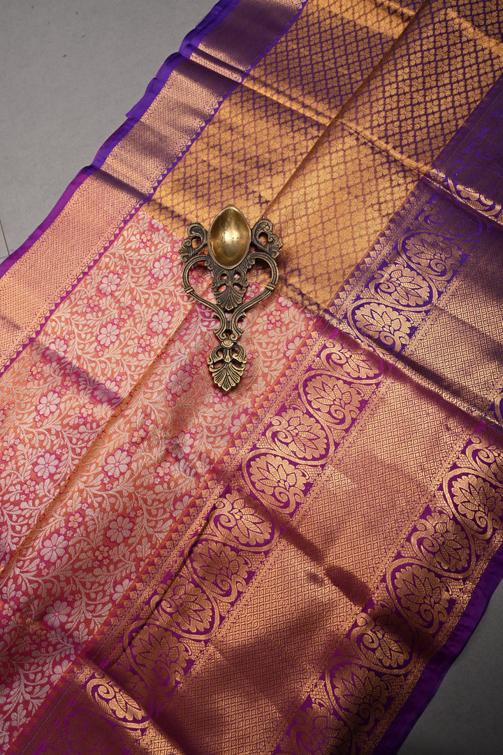 Pink Dual Tone Kanjivaram Tissue Semi Silk Saree with Meenakari Floral Jaal Brocade and Contrast Zari Border | SHOBITAM