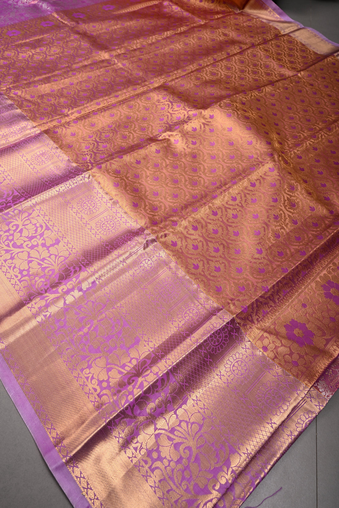 Lilac Kanjivaram Tissue Semi Silk Saree with Meenakari Floral Jaal Brocade and Zari Border | SHOBITAM