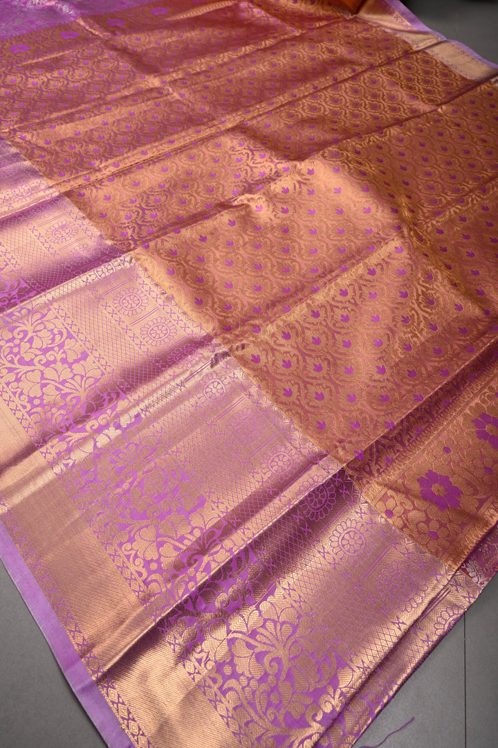 Lilac Kanjivaram Tissue Semi Silk Saree with Meenakari Floral Jaal Brocade and Zari Border | SHOBITAM