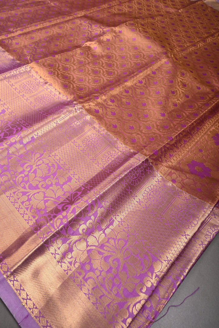 Lilac Kanjivaram Tissue Semi Silk Saree with Meenakari Floral Jaal Brocade and Zari Border | SHOBITAM