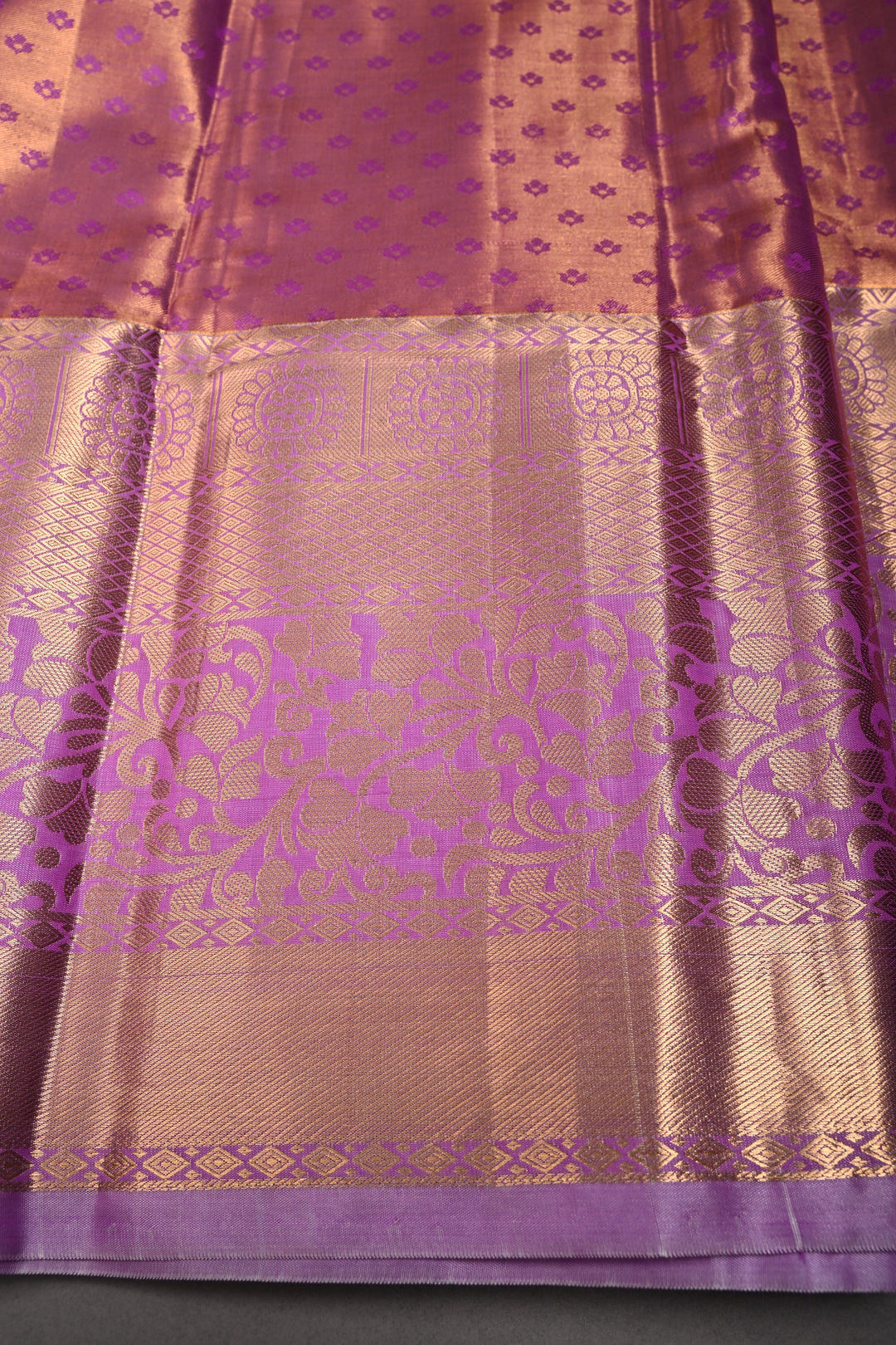 Lilac Kanjivaram Tissue Semi Silk Saree with Meenakari Floral Jaal Brocade and Zari Border | SHOBITAM