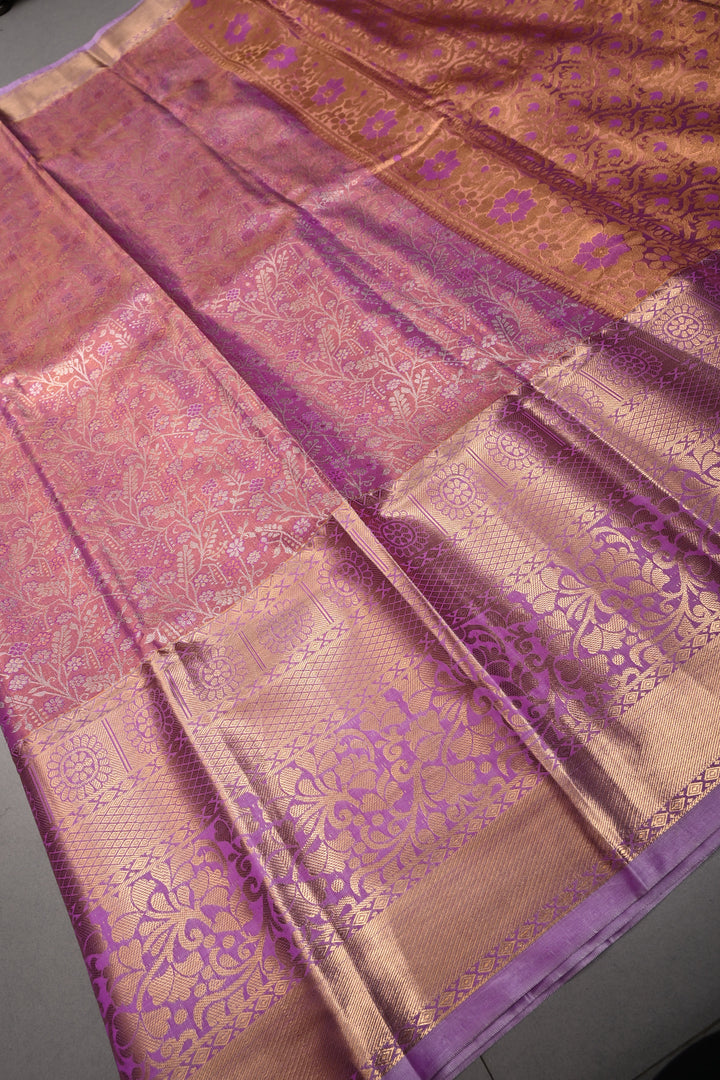 Lilac Kanjivaram Tissue Semi Silk Saree with Meenakari Floral Jaal Brocade and Zari Border | SHOBITAM
