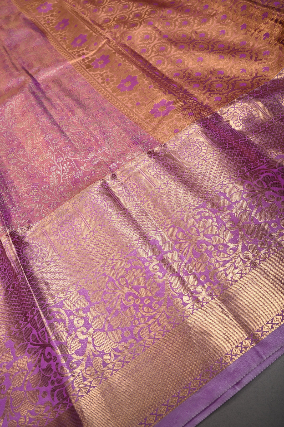 Lilac Kanjivaram Tissue Semi Silk Saree with Meenakari Floral Jaal Brocade and Zari Border | SHOBITAM