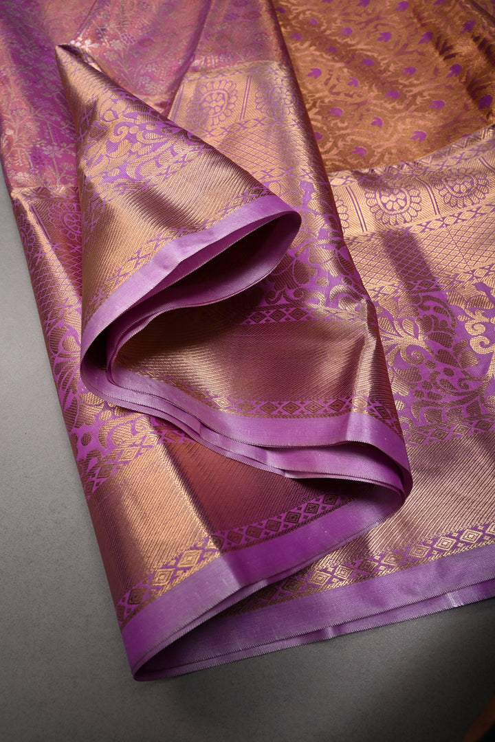 Lilac Kanjivaram Tissue Semi Silk Saree with Meenakari Floral Jaal Brocade and Zari Border | SHOBITAM