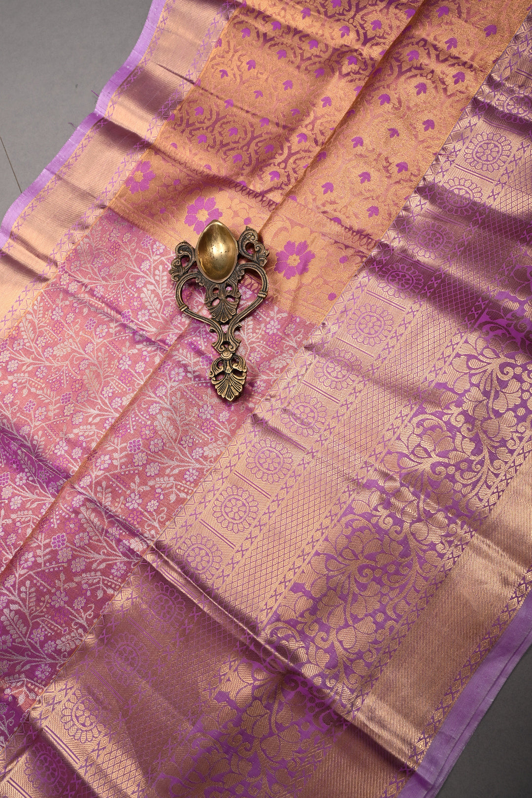 Lilac Kanjivaram Tissue Semi Silk Saree with Meenakari Floral Jaal Brocade and Zari Border | SHOBITAM