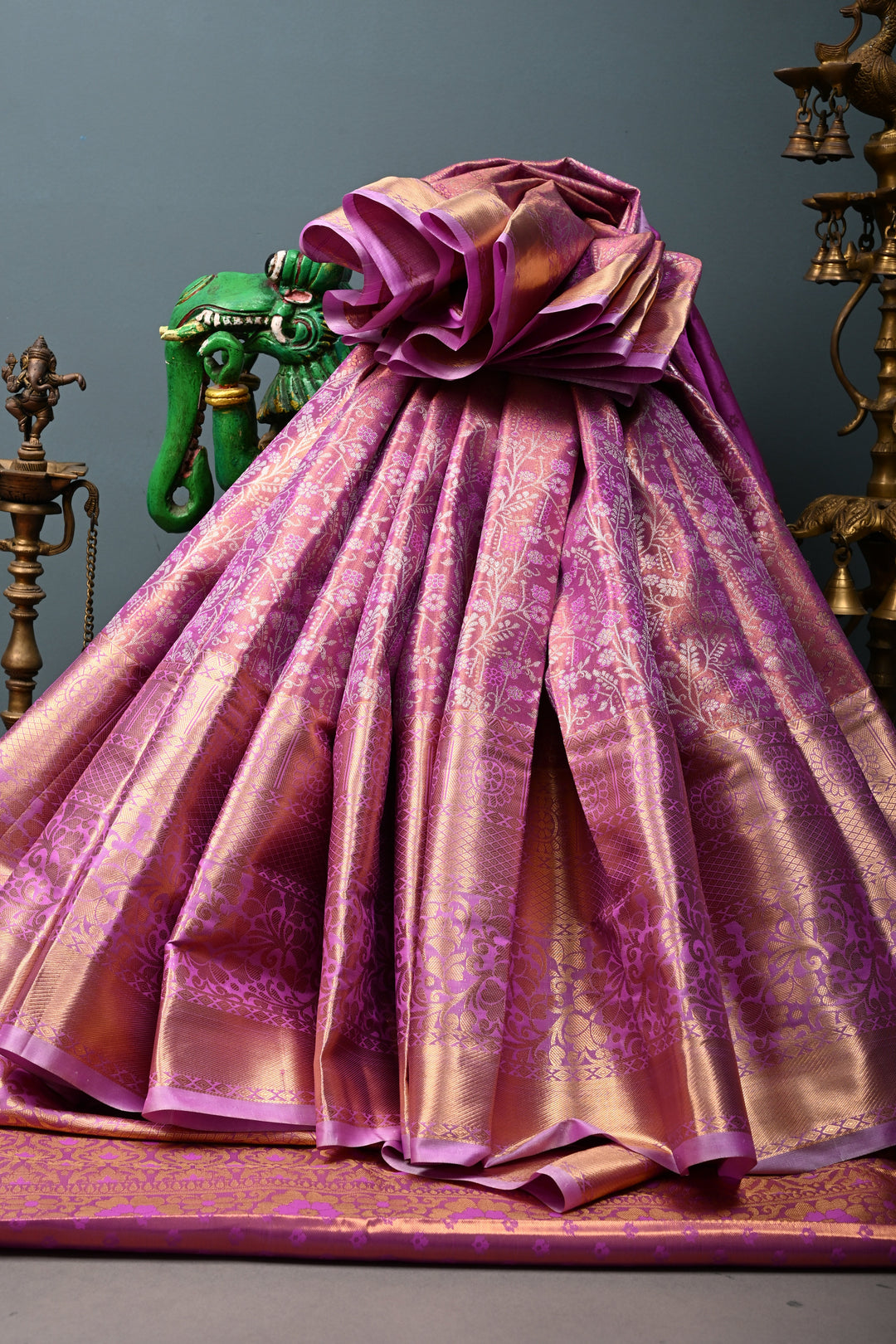 Lilac Kanjivaram Tissue Semi Silk Saree with Meenakari Floral Jaal Brocade and Zari Border | SHOBITAM
