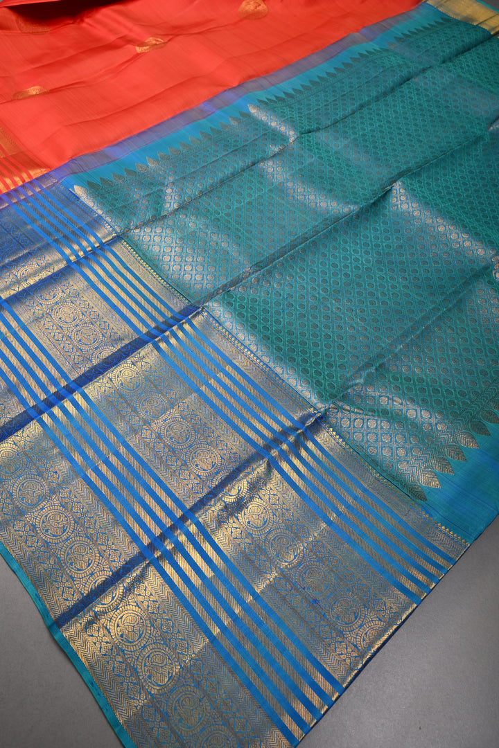 Coral Orange Kanjivaram Silk Saree with Peacock Medallion Zari Buttas and Zari Stripes Border | SILK MARK CERTIFIED