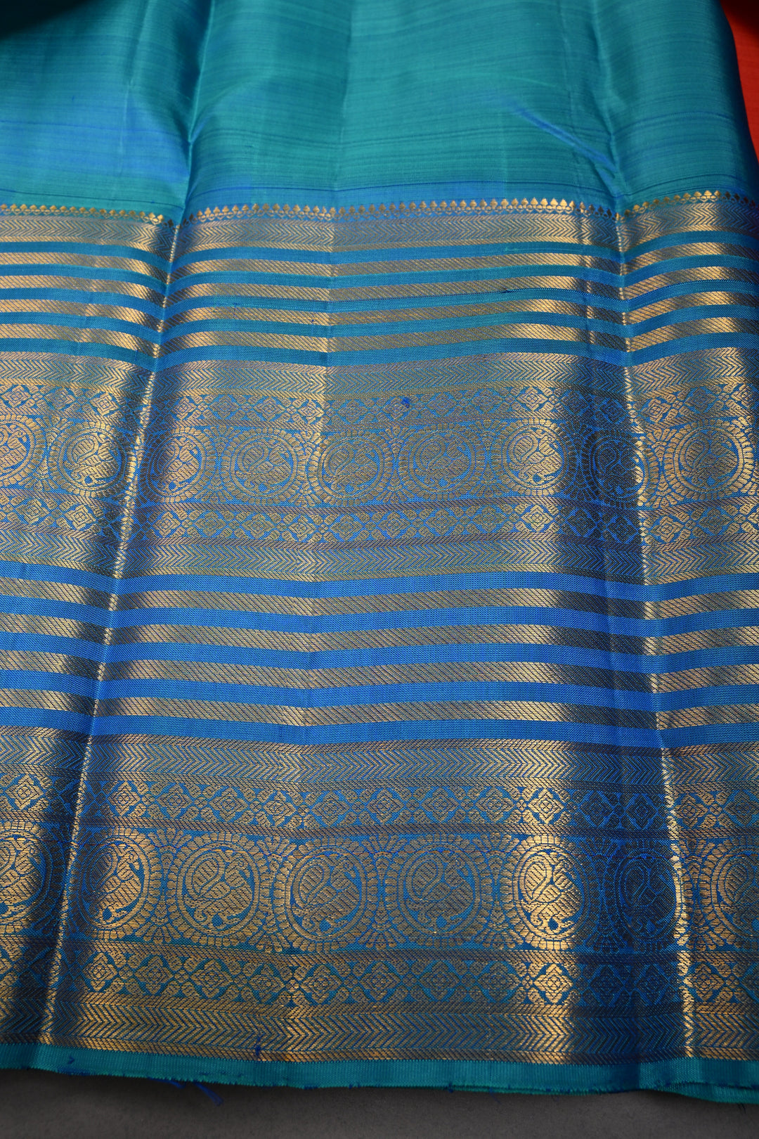 Coral Orange Kanjivaram Silk Saree with Peacock Medallion Zari Buttas and Zari Stripes Border | SILK MARK CERTIFIED