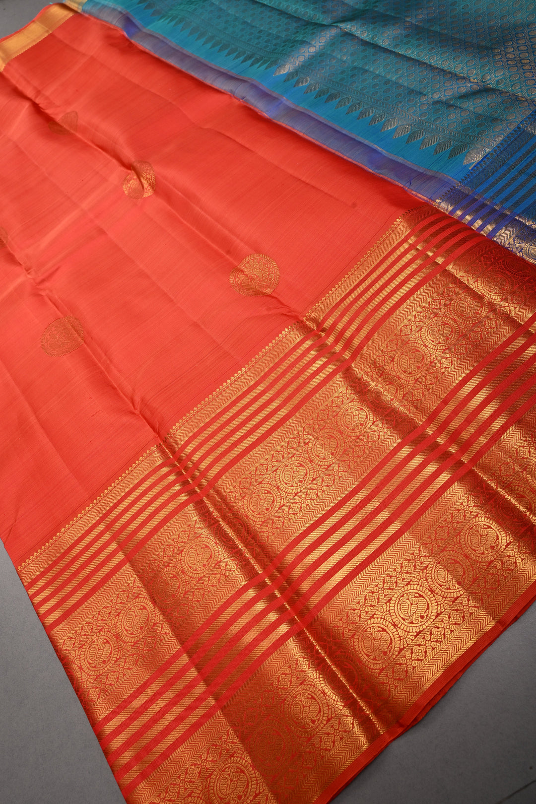 Coral Orange Kanjivaram Silk Saree with Peacock Medallion Zari Buttas and Zari Stripes Border | SILK MARK CERTIFIED