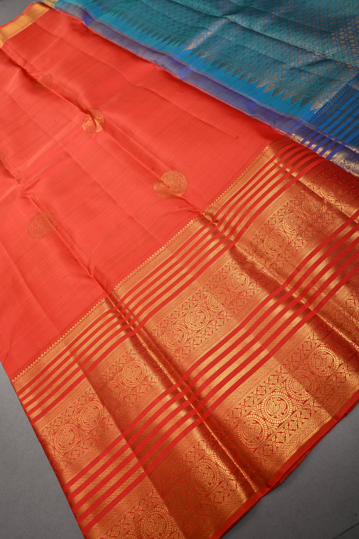 Coral Orange Kanjivaram Silk Saree with Peacock Medallion Zari Buttas and Zari Stripes Border | SILK MARK CERTIFIED