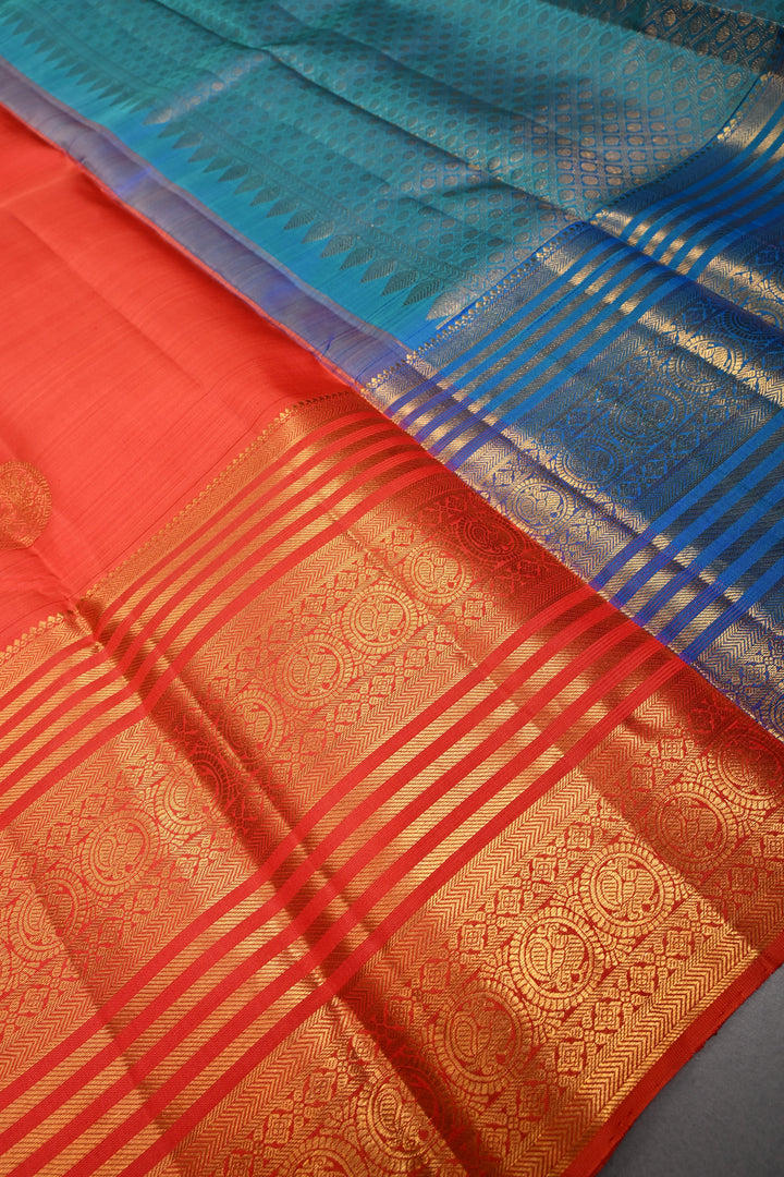 Coral Orange Kanjivaram Silk Saree with Peacock Medallion Zari Buttas and Zari Stripes Border | SILK MARK CERTIFIED
