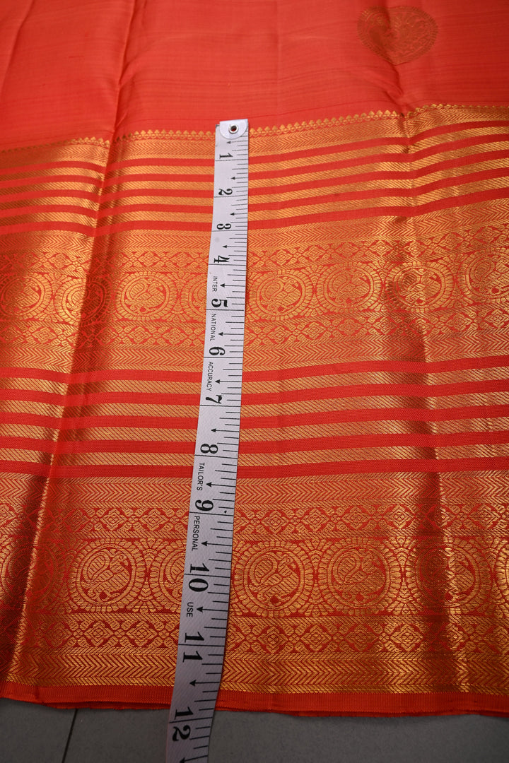 Coral Orange Kanjivaram Silk Saree with Peacock Medallion Zari Buttas and Zari Stripes Border | SILK MARK CERTIFIED