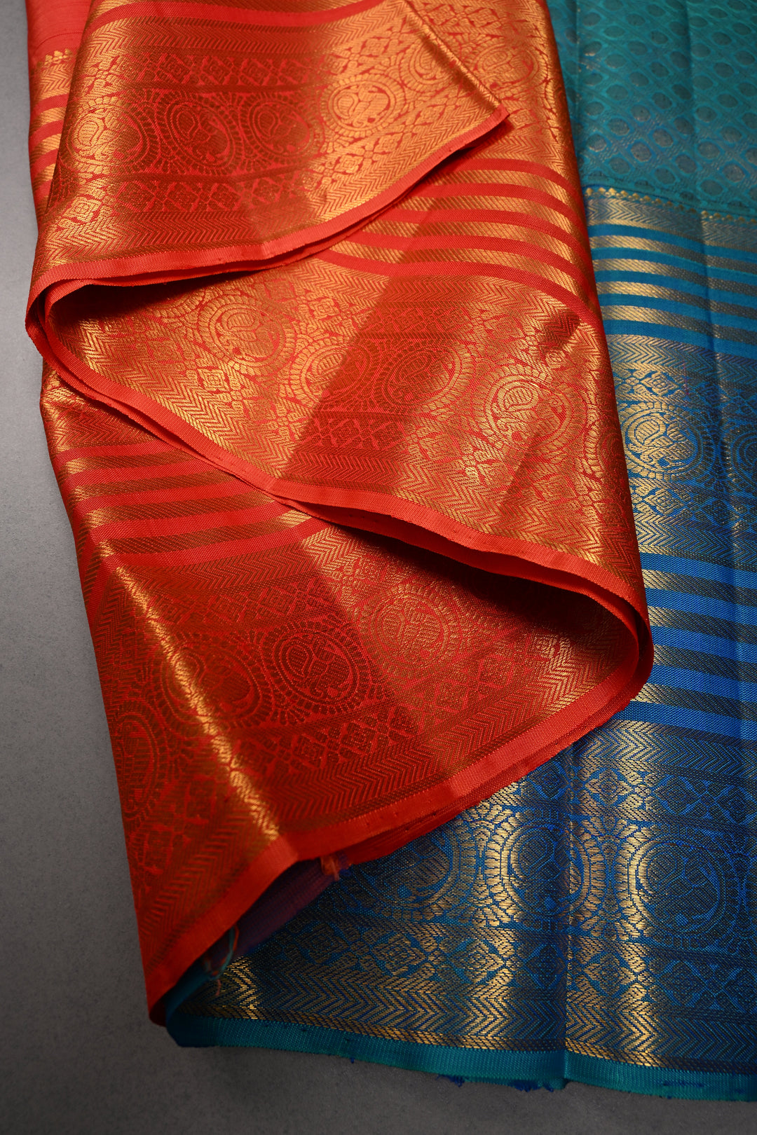 Coral Orange Kanjivaram Silk Saree with Peacock Medallion Zari Buttas and Zari Stripes Border | SILK MARK CERTIFIED