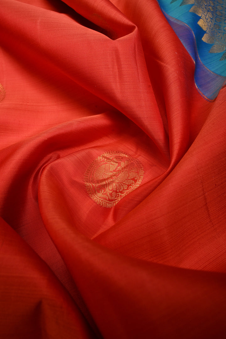 Coral Orange Kanjivaram Silk Saree with Peacock Medallion Zari Buttas and Zari Stripes Border | SILK MARK CERTIFIED