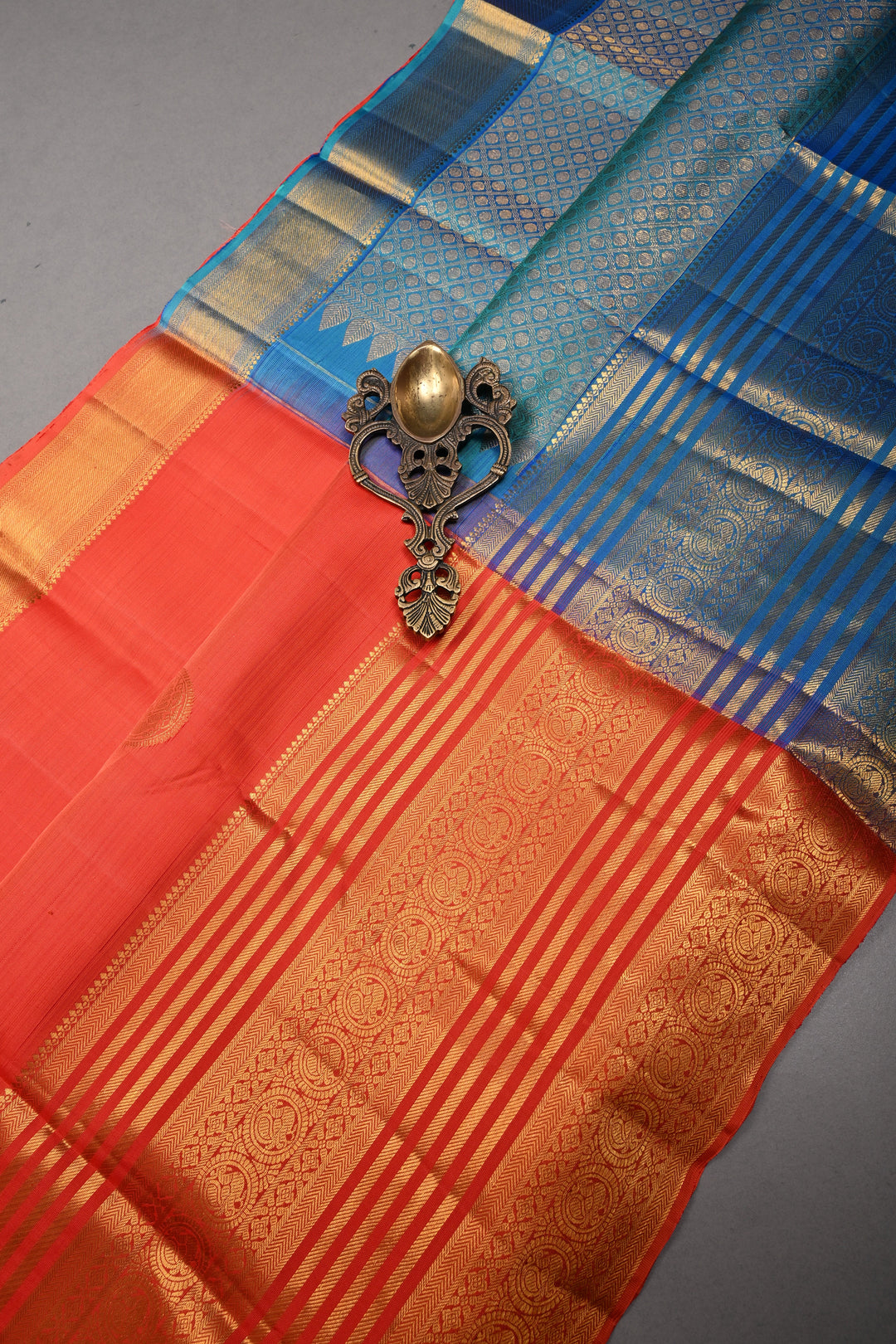 Coral Orange Kanjivaram Silk Saree with Peacock Medallion Zari Buttas and Zari Stripes Border | SILK MARK CERTIFIED