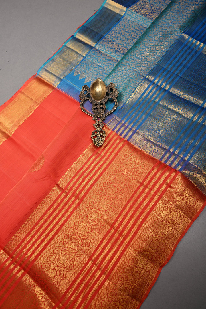 Coral Orange Kanjivaram Silk Saree with Peacock Medallion Zari Buttas and Zari Stripes Border | SILK MARK CERTIFIED