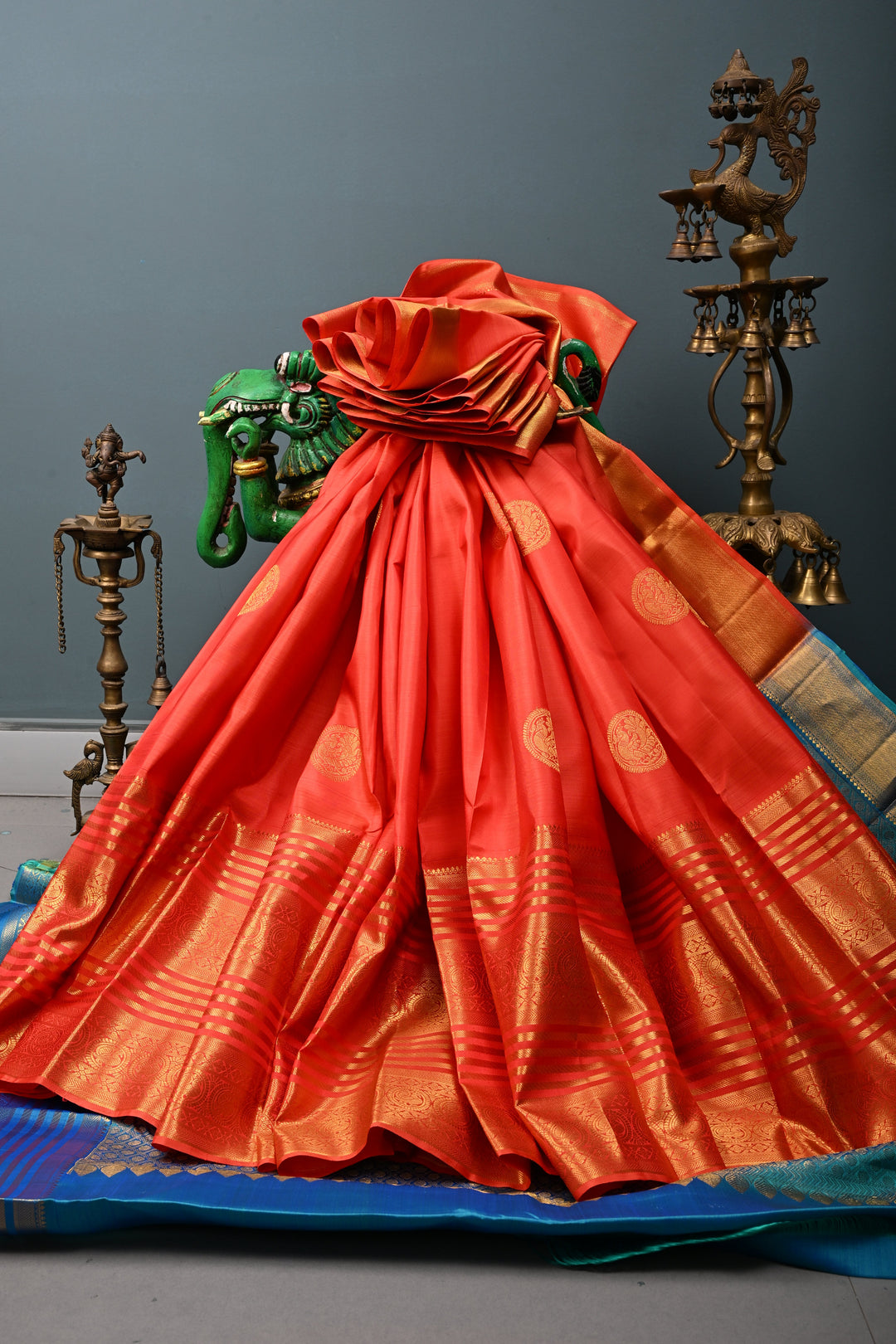 Coral Orange Kanjivaram Silk Saree with Peacock Medallion Zari Buttas and Zari Stripes Border | SILK MARK CERTIFIED