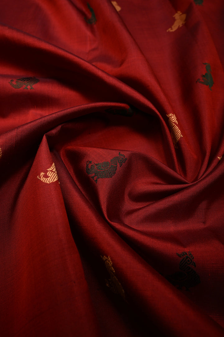 Maroon Borderless Kanjivaram Pure Silk Saree with Resham Meenakari Birds Motifs and Contrast Pallu | SILK MARK CERTIFIED | SHOBITAM