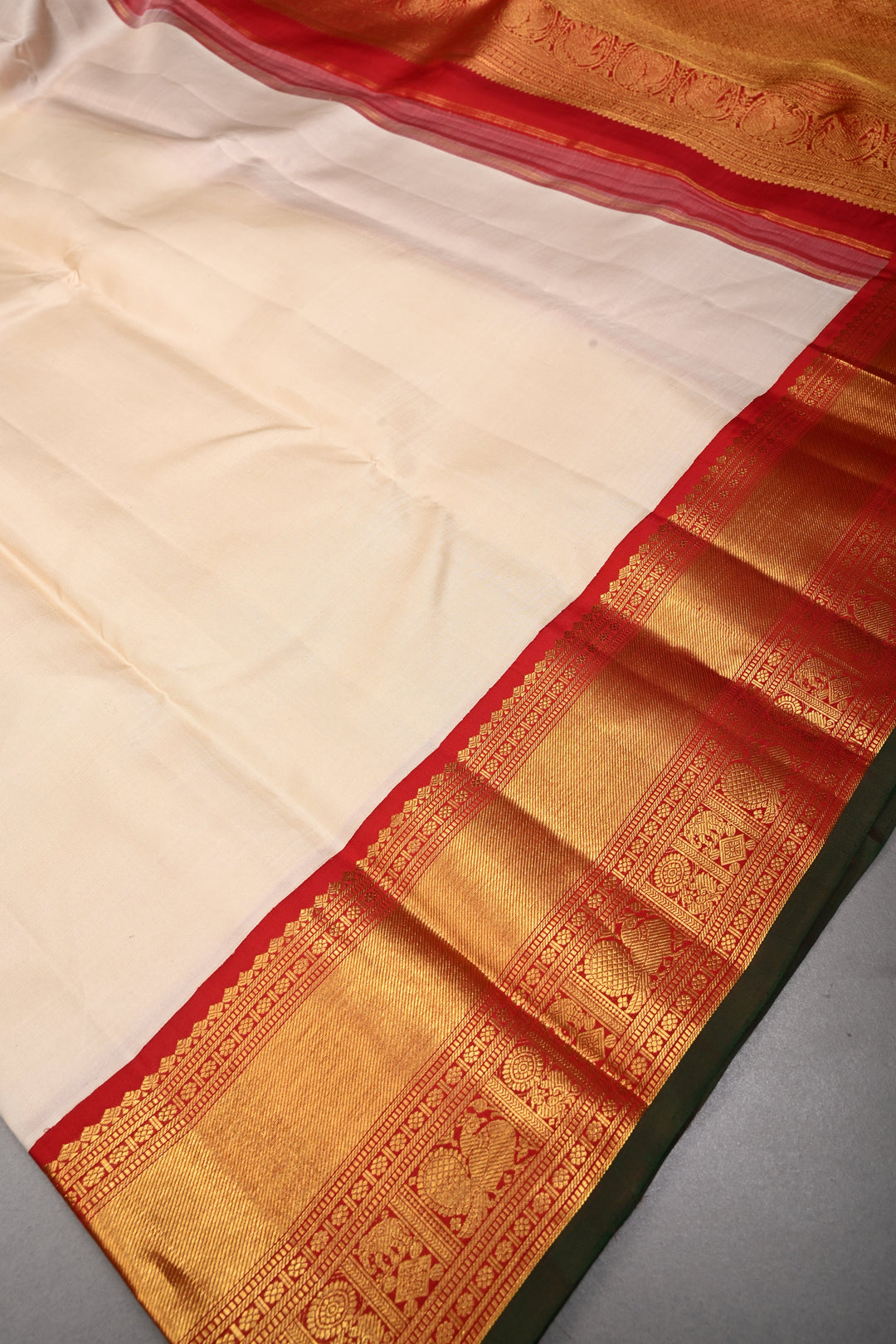 Ivory Kanjivaram Pure Silk Saree with Contrast Zari Border | SILK MARK CERTIFIED | SHOBITAM