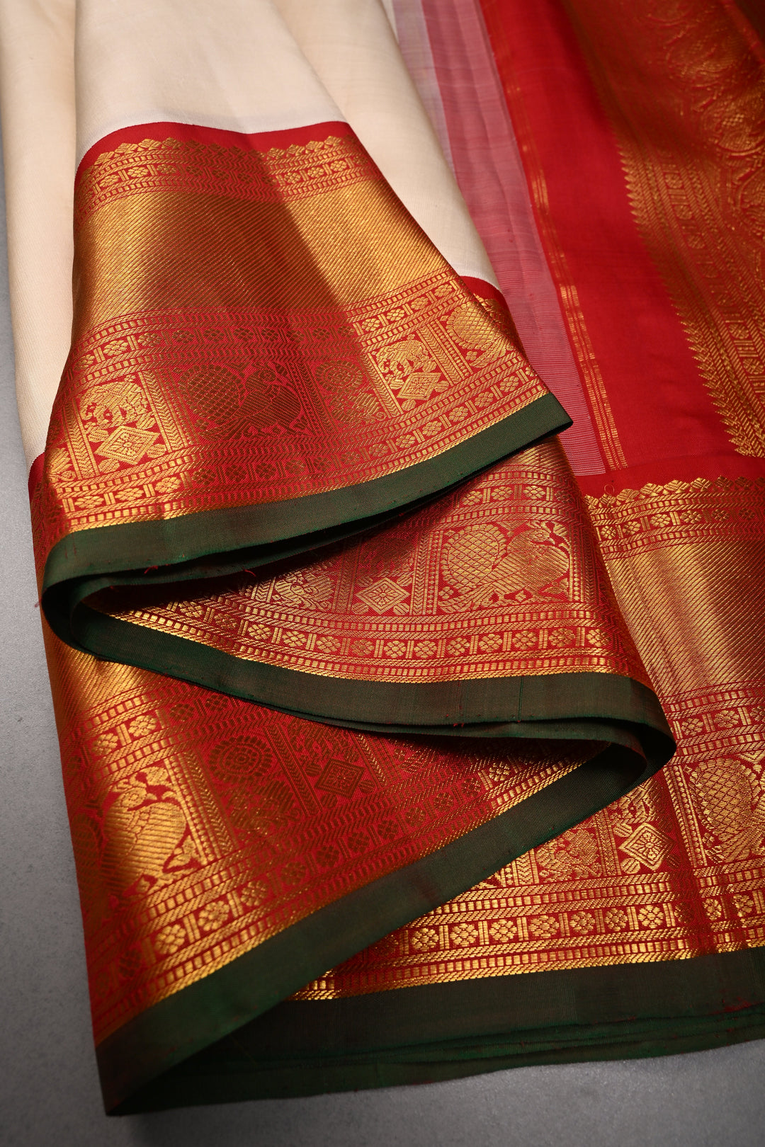 Ivory Kanjivaram Pure Silk Saree with Contrast Zari Border | SILK MARK CERTIFIED | SHOBITAM