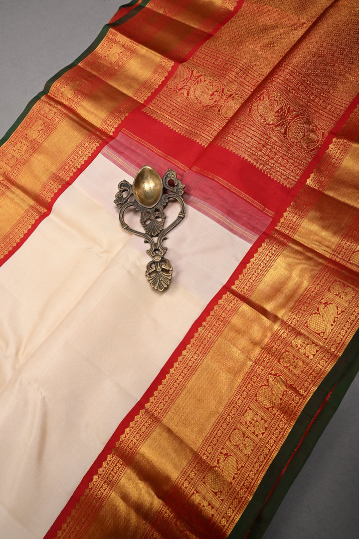 Ivory Kanjivaram Pure Silk Saree with Contrast Zari Border | SILK MARK CERTIFIED | SHOBITAM