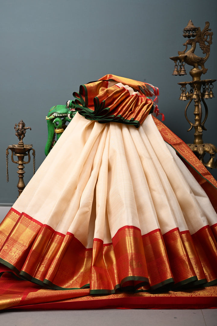 Ivory Kanjivaram Pure Silk Saree with Contrast Zari Border | SILK MARK CERTIFIED | SHOBITAM