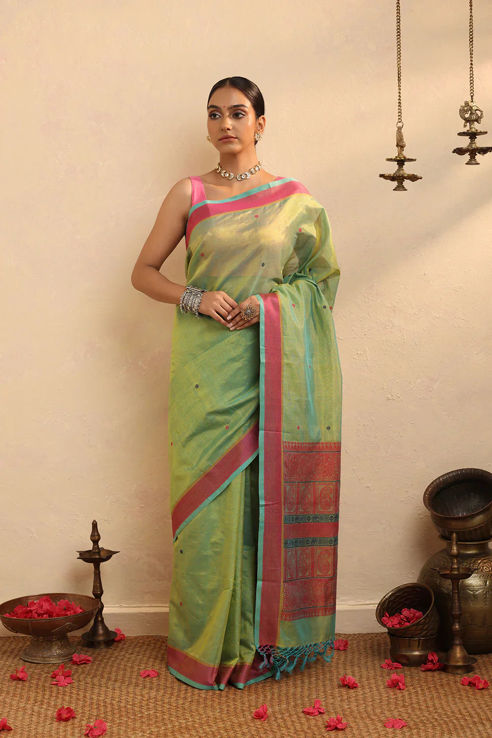 Handloom Green Cotton Silk Kanchi Saree | SHOBITAM