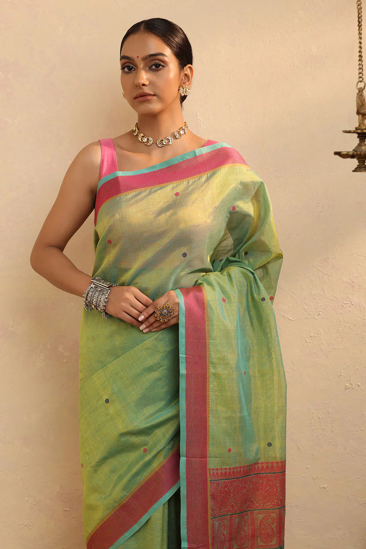 Handloom Green Cotton Silk Kanchi Saree | SHOBITAM