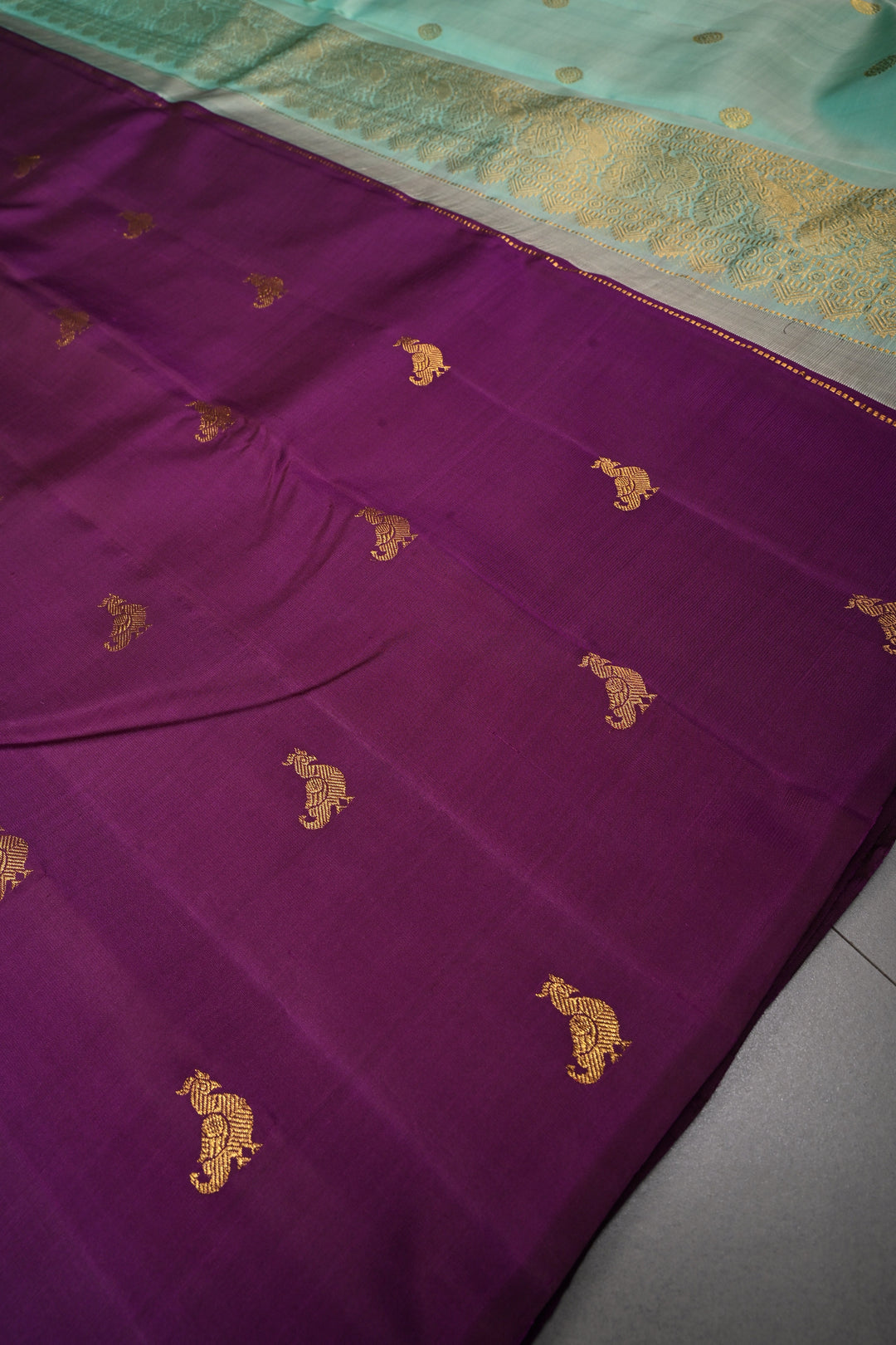 Eggplant Purple Borderless Kanjivaram Pure Silk Saree with Birds Zari Buttas  | SILK MARK CERTIFIED | SHOBITAM