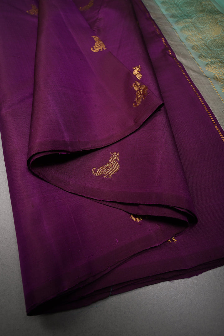 Eggplant Purple Borderless Kanjivaram Pure Silk Saree with Birds Zari Buttas  | SILK MARK CERTIFIED | SHOBITAM