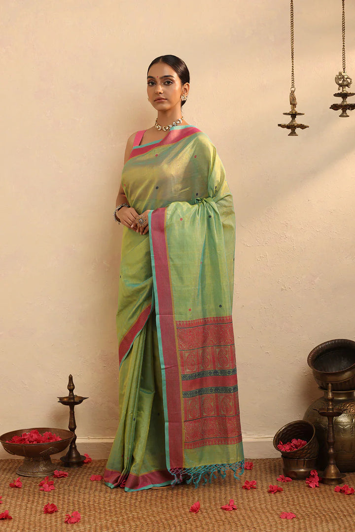 Handloom Green Cotton Silk Kanchi Saree | SHOBITAM