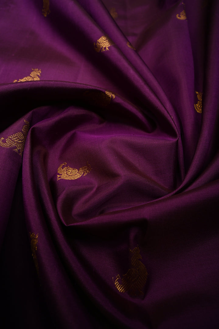 Eggplant Purple Borderless Kanjivaram Pure Silk Saree with Birds Zari Buttas  | SILK MARK CERTIFIED | SHOBITAM