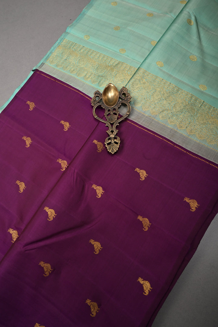 Eggplant Purple Borderless Kanjivaram Pure Silk Saree with Birds Zari Buttas  | SILK MARK CERTIFIED | SHOBITAM