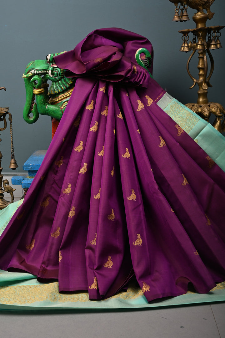 Eggplant Purple Borderless Kanjivaram Pure Silk Saree with Birds Zari Buttas  | SILK MARK CERTIFIED | SHOBITAM