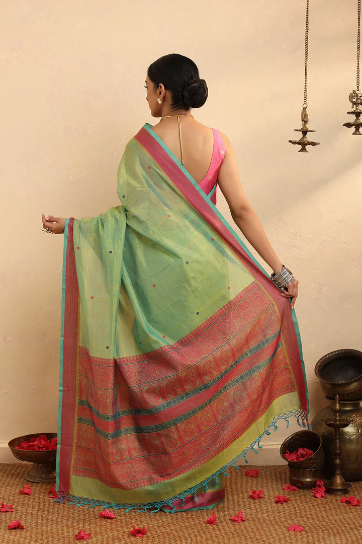 Handloom Green Cotton Silk Kanchi Saree | SHOBITAM