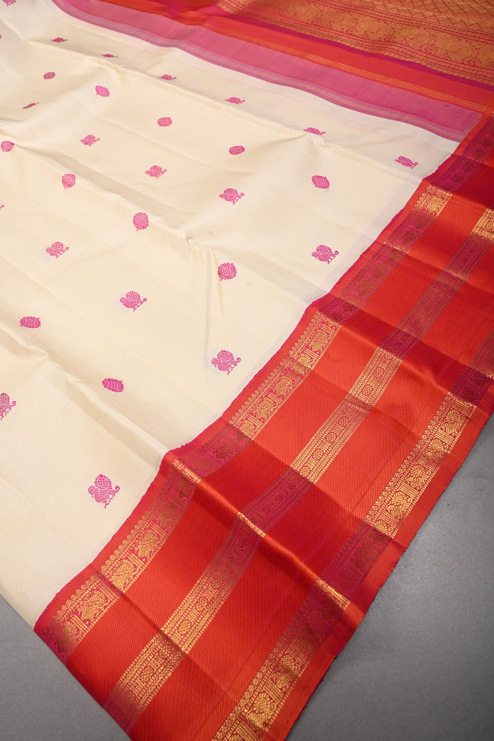 Off White Korvai Kanjivaram Pure Silk Saree with Thread Buttas and Contrast Stripes Zari Border | SILK MARK CERTIFIED | SHOBITAM
