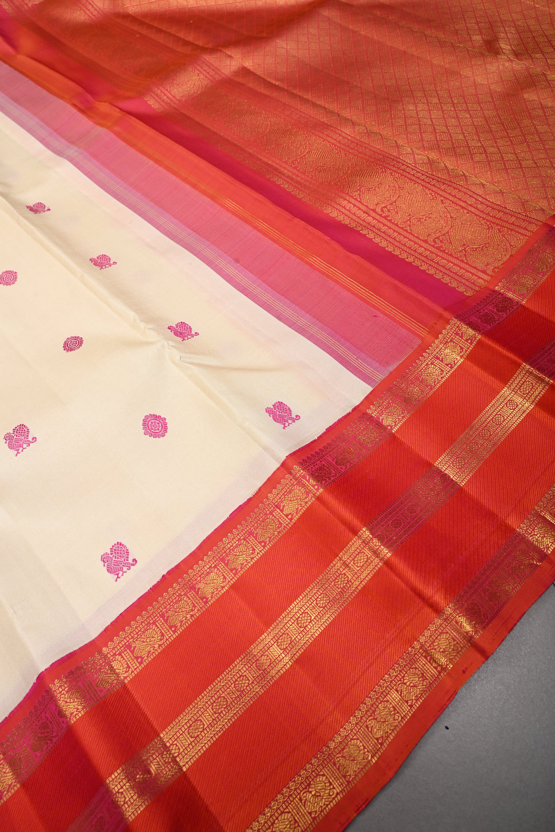 Off White Korvai Kanjivaram Pure Silk Saree with Thread Buttas and Contrast Stripes Zari Border | SILK MARK CERTIFIED | SHOBITAM