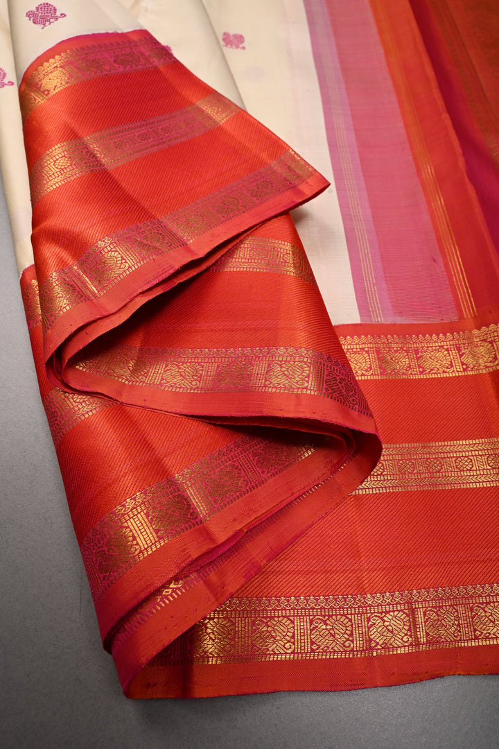 Off White Korvai Kanjivaram Pure Silk Saree with Thread Buttas and Contrast Stripes Zari Border | SILK MARK CERTIFIED | SHOBITAM
