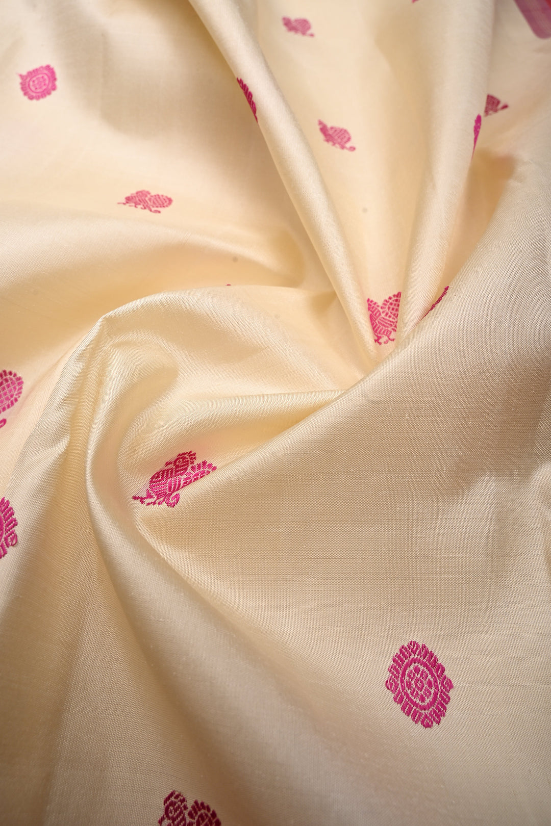 Off White Korvai Kanjivaram Pure Silk Saree with Thread Buttas and Contrast Stripes Zari Border | SILK MARK CERTIFIED | SHOBITAM