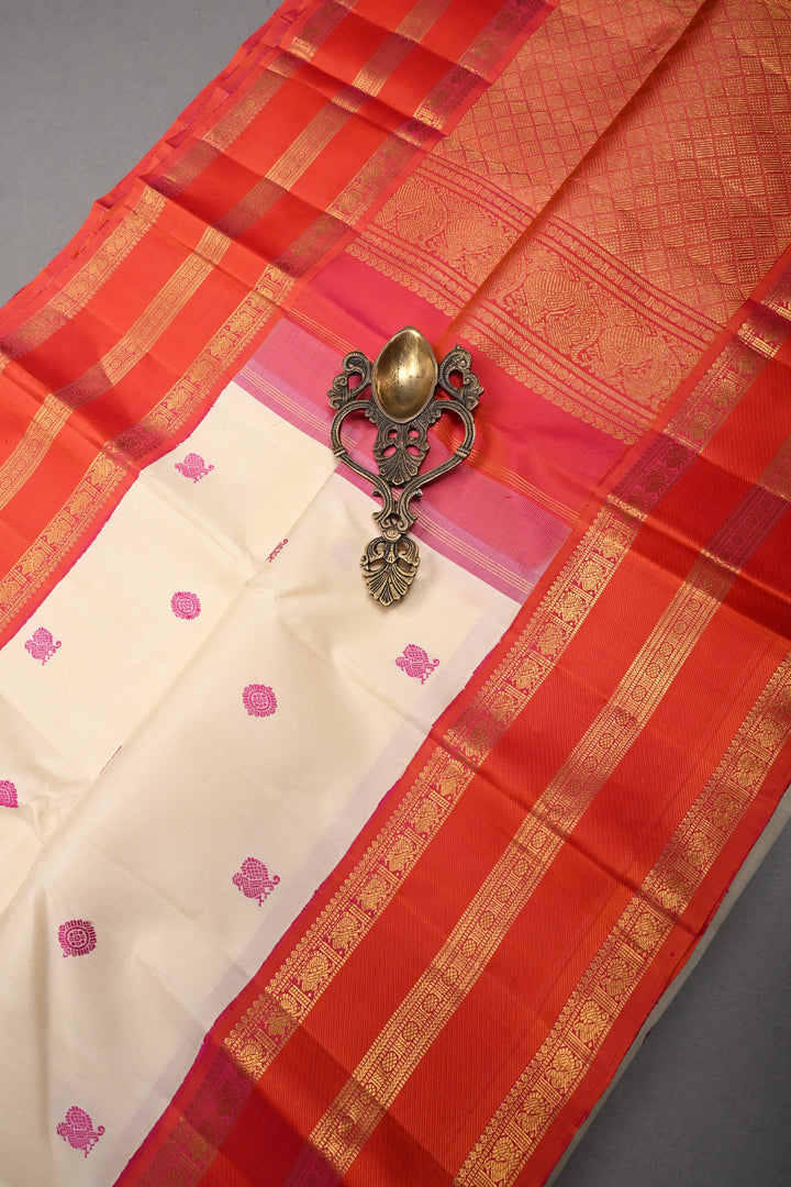 Off White Korvai Kanjivaram Pure Silk Saree with Thread Buttas and Contrast Stripes Zari Border | SILK MARK CERTIFIED | SHOBITAM