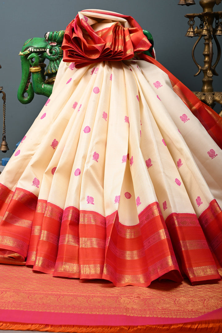 Off White Korvai Kanjivaram Pure Silk Saree with Thread Buttas and Contrast Stripes Zari Border | SILK MARK CERTIFIED | SHOBITAM